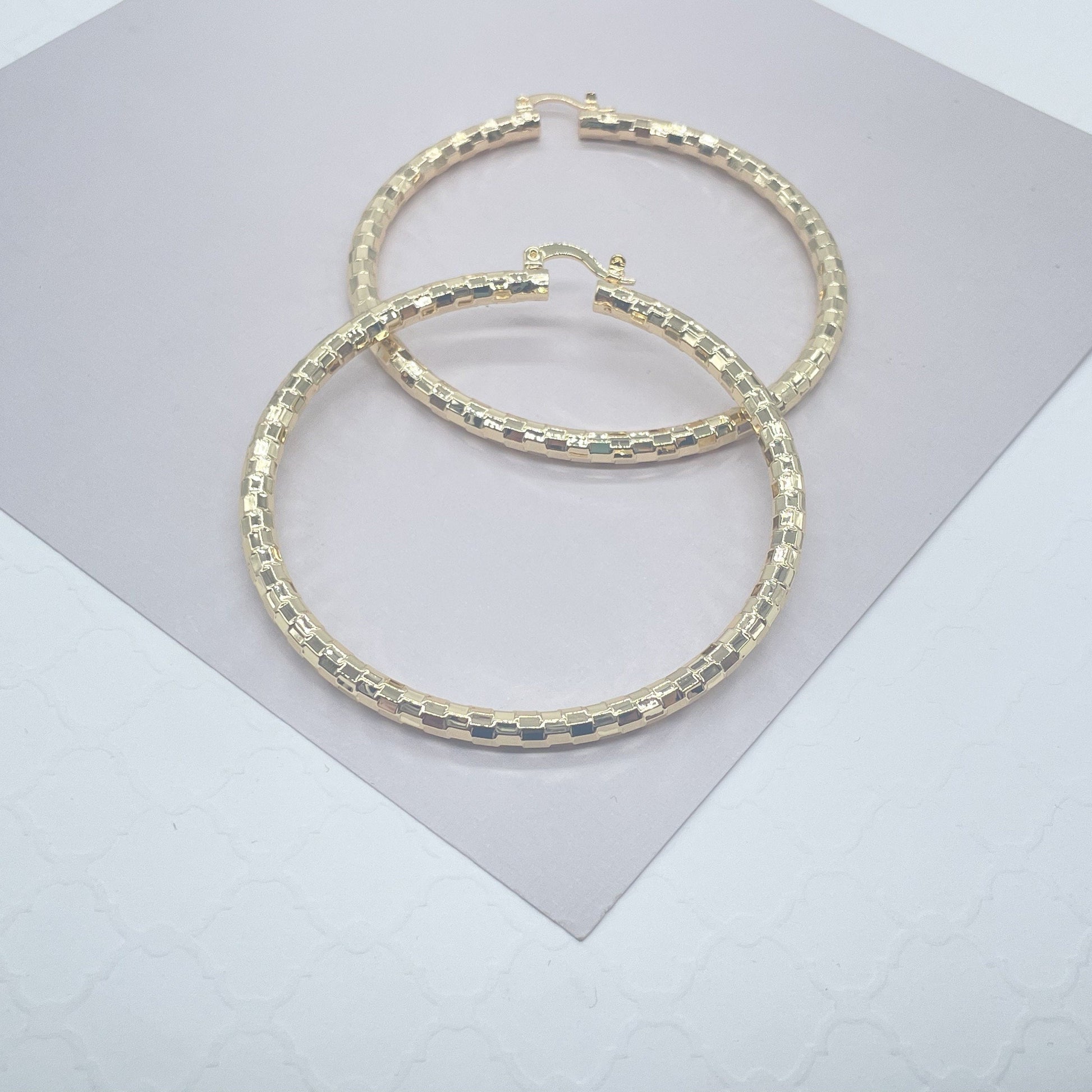 18k Gold Filled Squared Textured Round Hoops