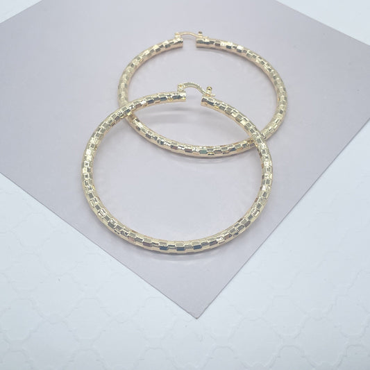 18k Gold Filled Squared Textured Round Hoops