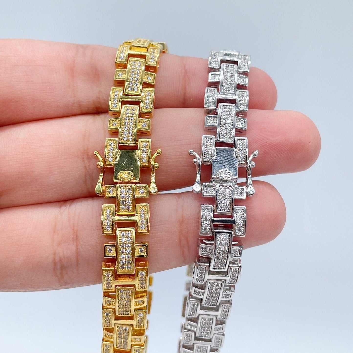 9mm Hip Hop Iced 18k Gold Filled Micro Pave Clear Cubic Zirconia Vintage Link Men’s Bracelet Jewelry