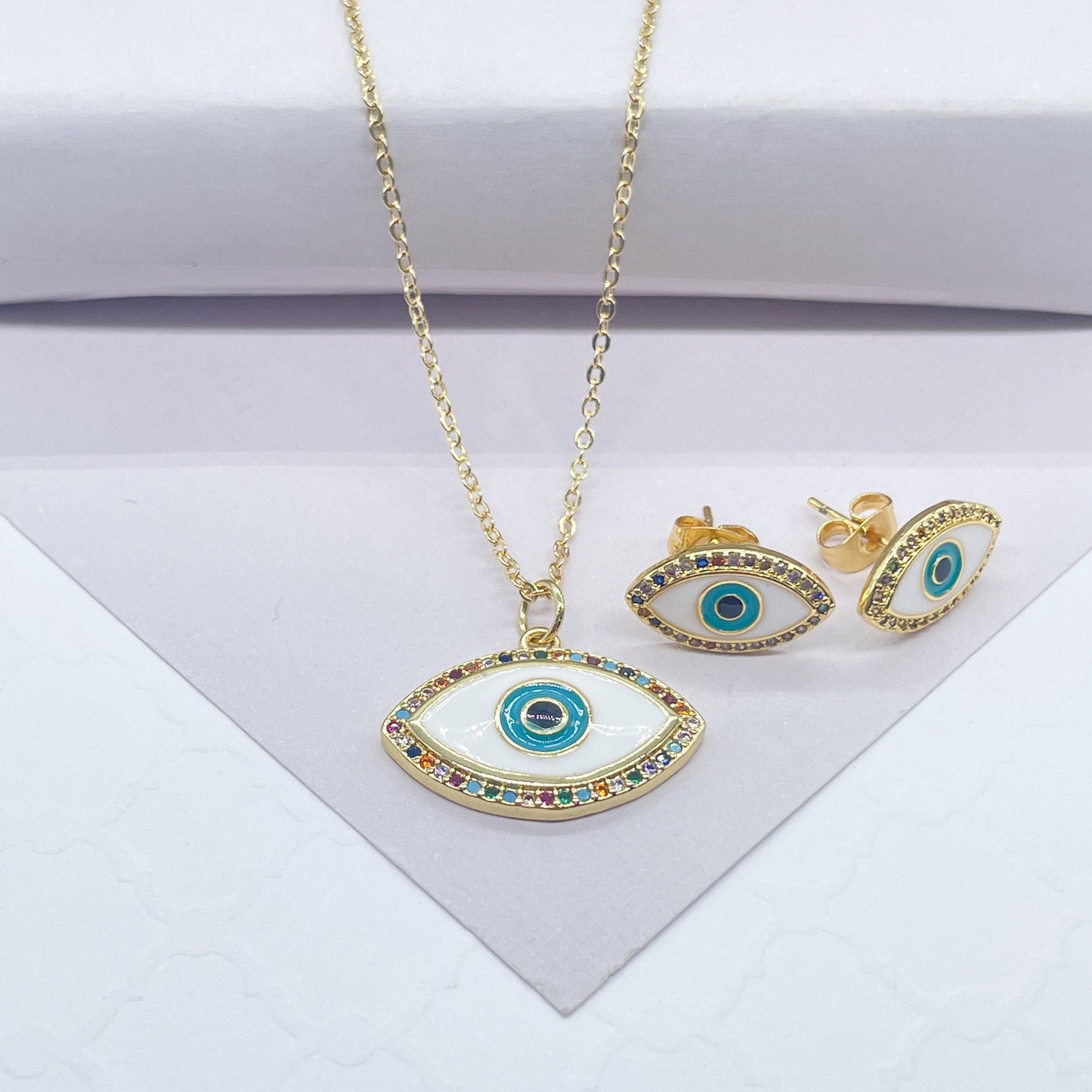 18k Gold Filled Protection Evil Eye Set, Includes Earrings & Necklace