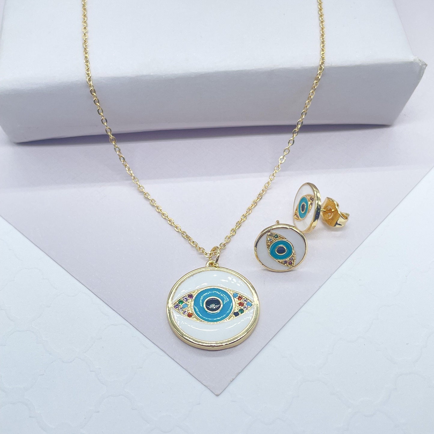 18k Gold Filled Protection Evil Eye Set, Includes Earrings & Necklace