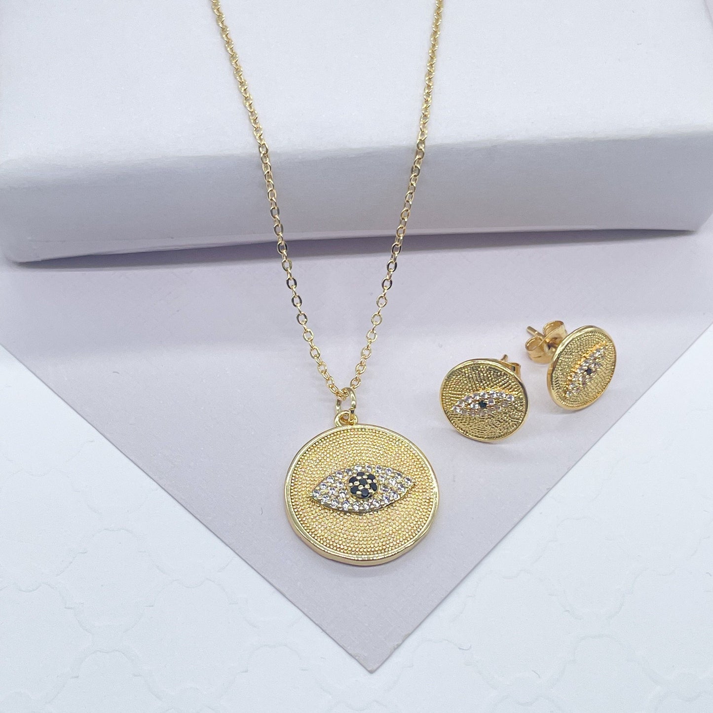 18k Gold Filled Protection Evil Eye Set, Includes Earrings & Necklace