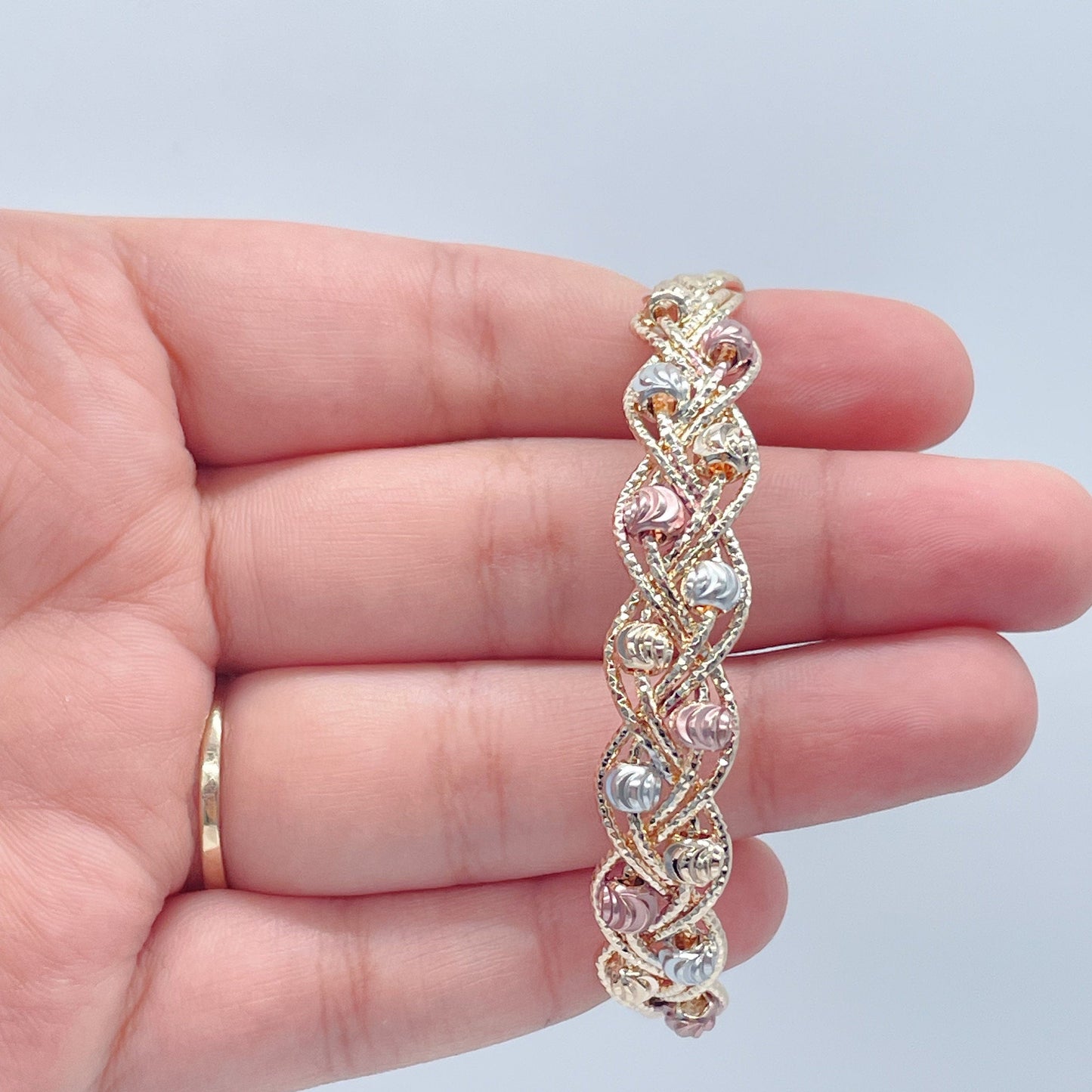 18k Gold Filled Tri-Color Open Ended Braided Bangles With Beads
