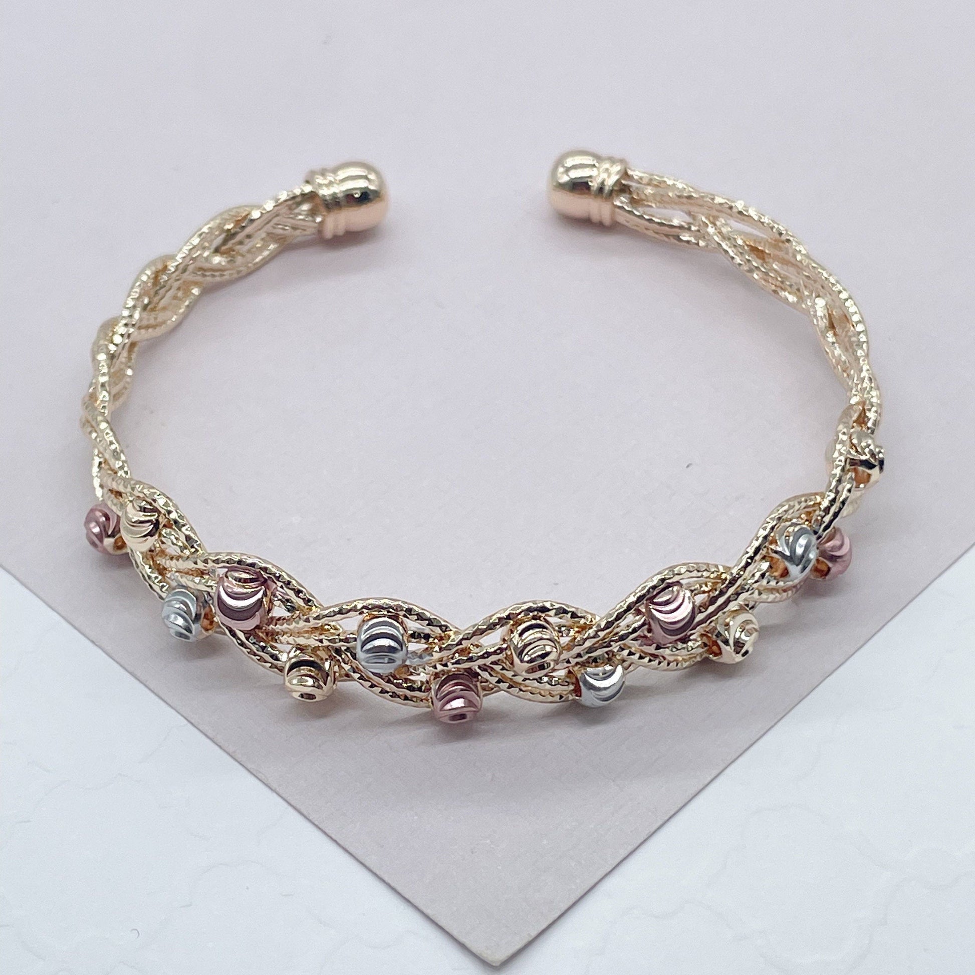 18k Gold Filled Tri-Color Open Ended Braided Bangles With Beads
