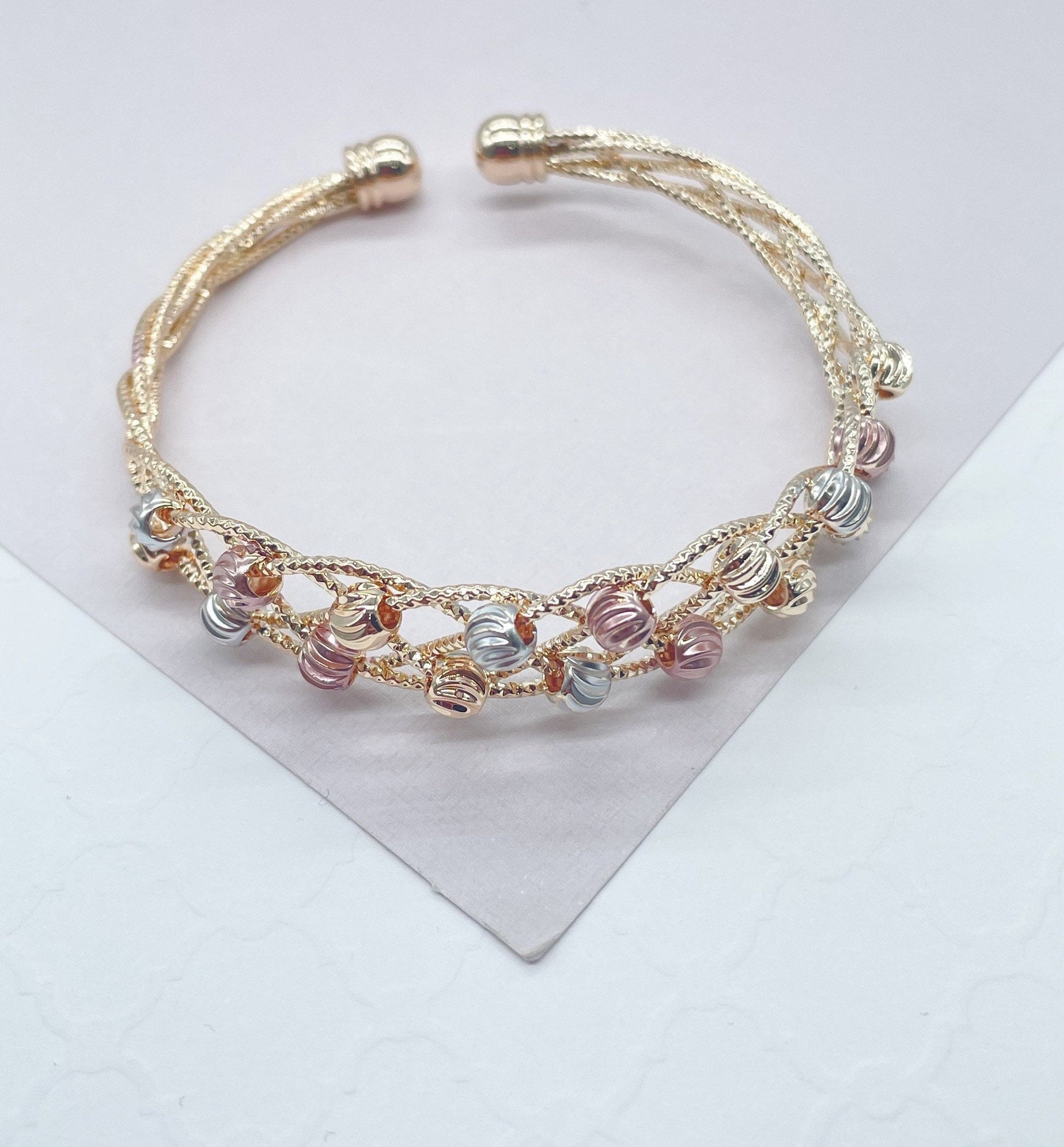 18k Gold Filled Tri-Color Open Ended Braided Bangles With Beads