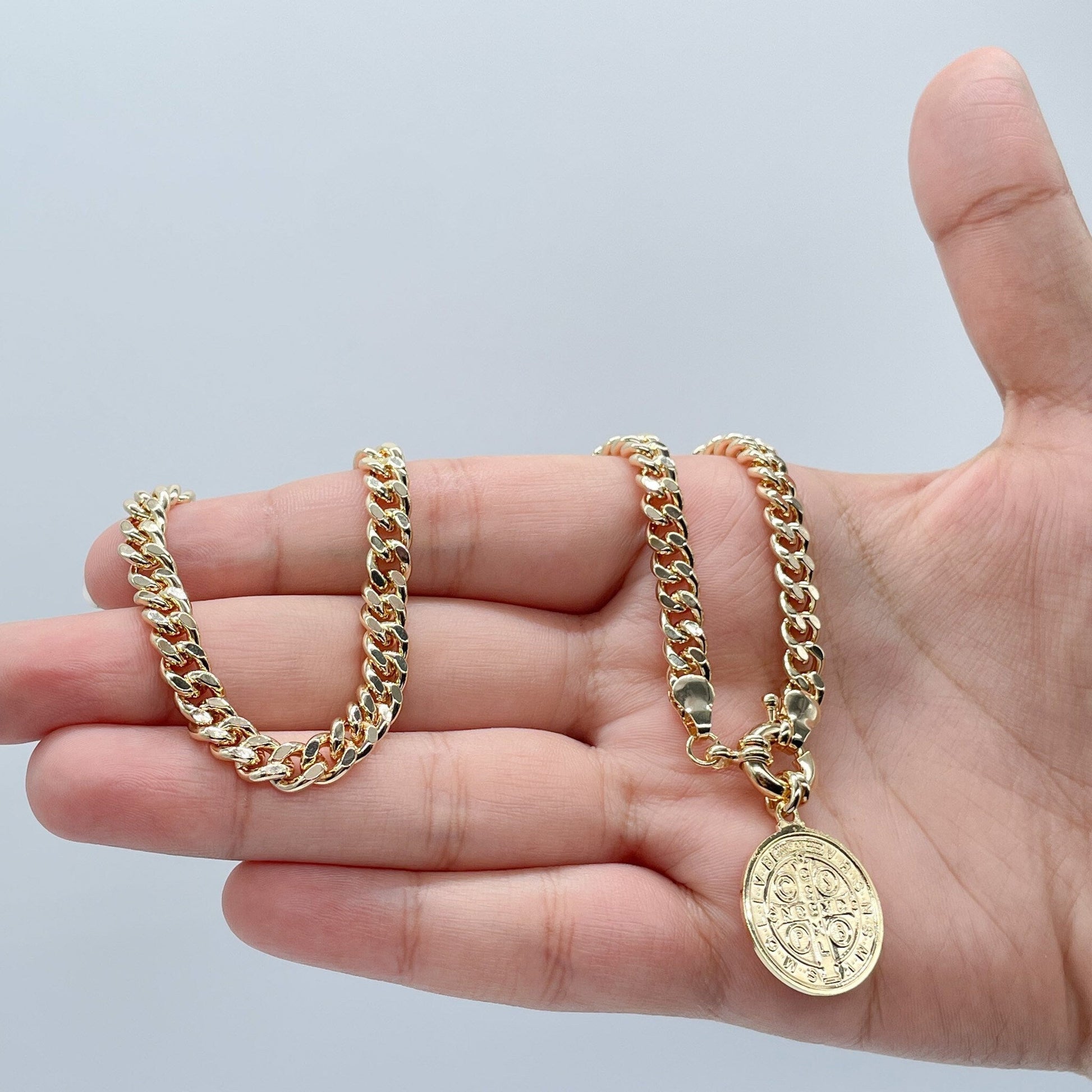 18k Gold Filled 6mm Cuban Link Choker Featuring Large Chunky Spring Ring And St Benedict Charm Supplies Design