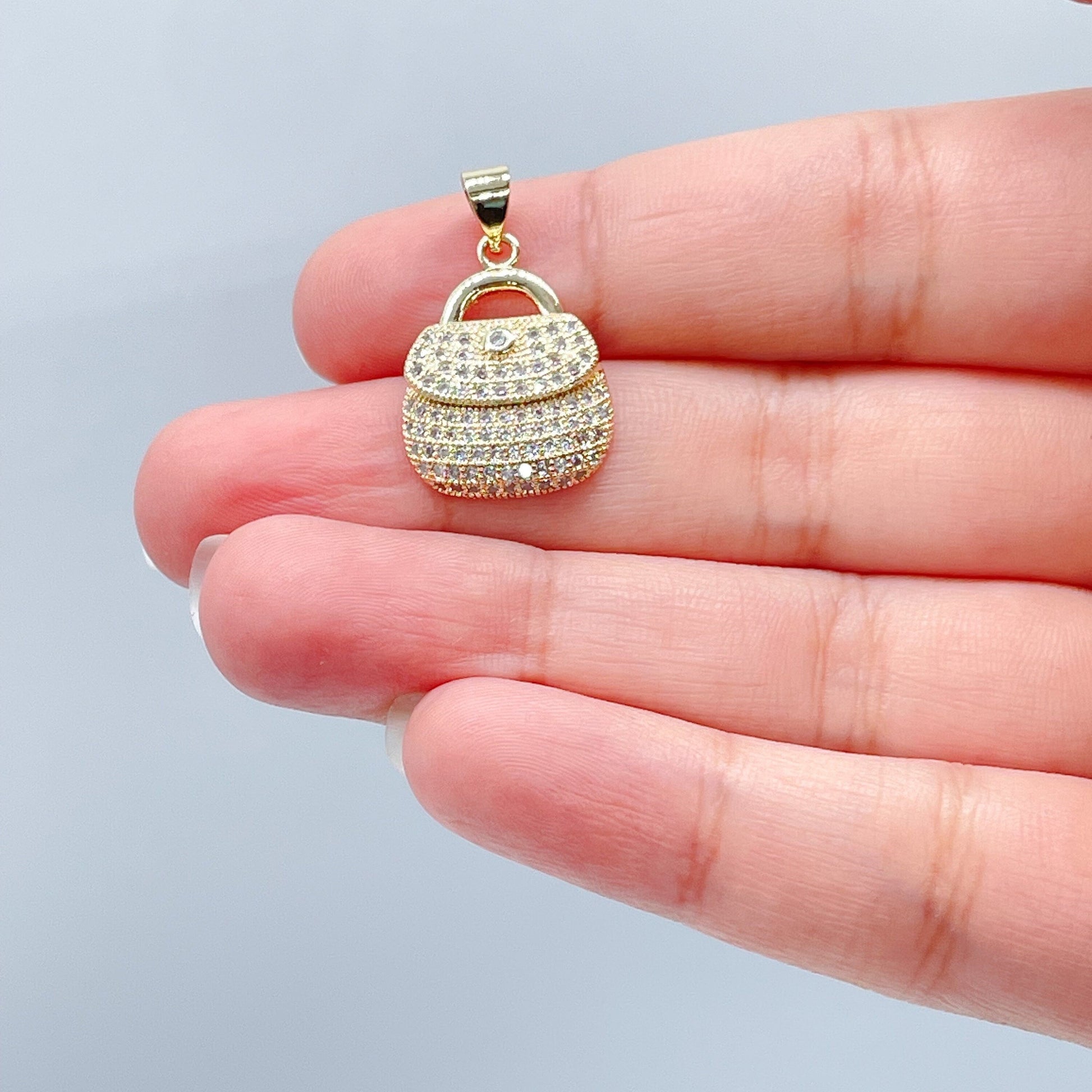 18k Gold Filled Purse Charm with Micro Pave Cubic Zirconia Gold CZ Bag Pendant