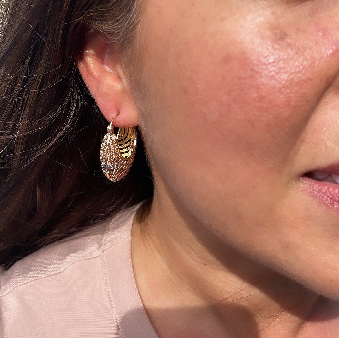 18k Gold Filled Tri-Color Wavy Patterned Basket Shape Hoop Earrings
