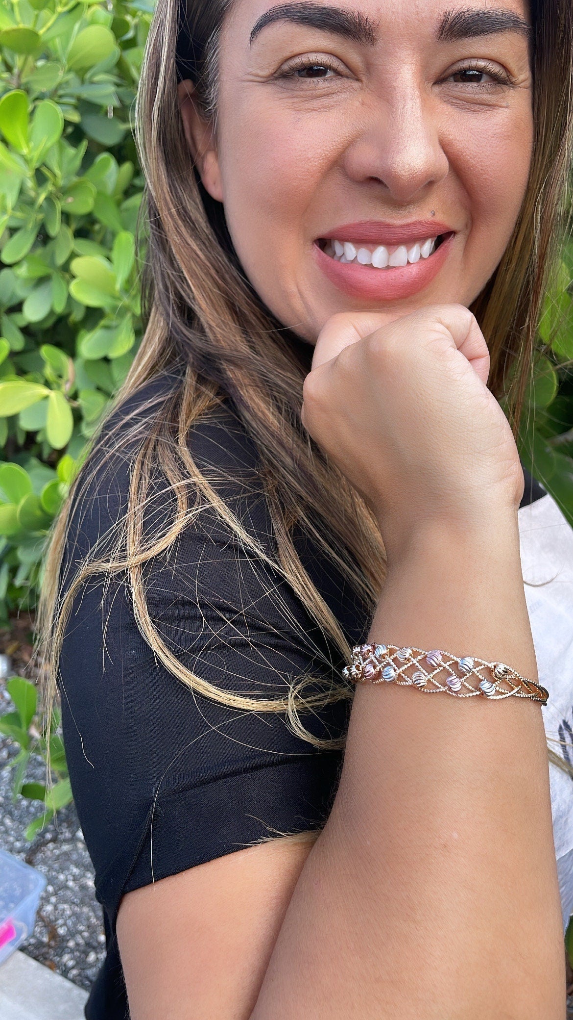 18k Gold Filled Tri-Color Open Ended Braided Bangles With Beads