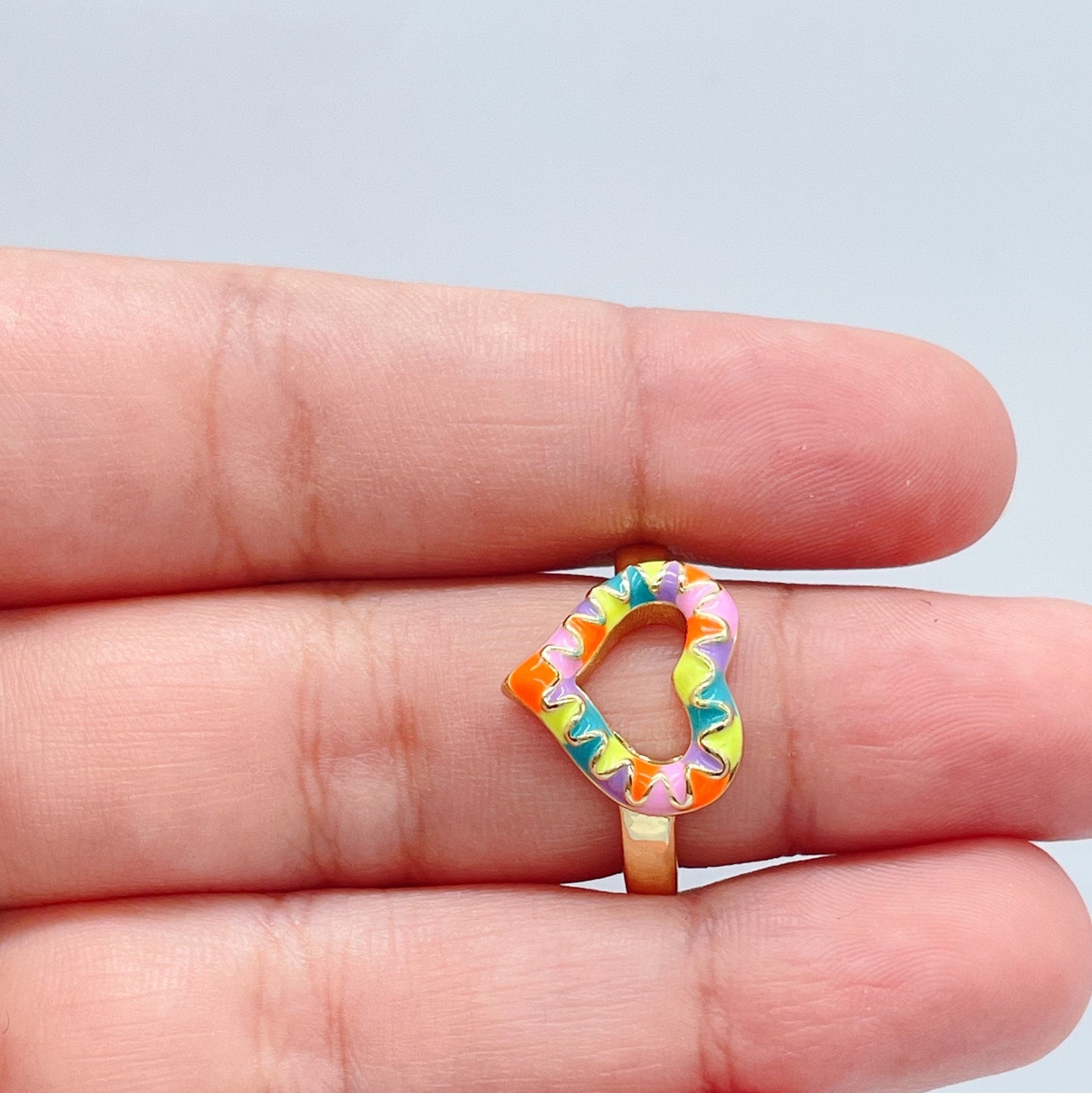 18k Gold Filled Colorful Enamel Adjustable Heart Ring