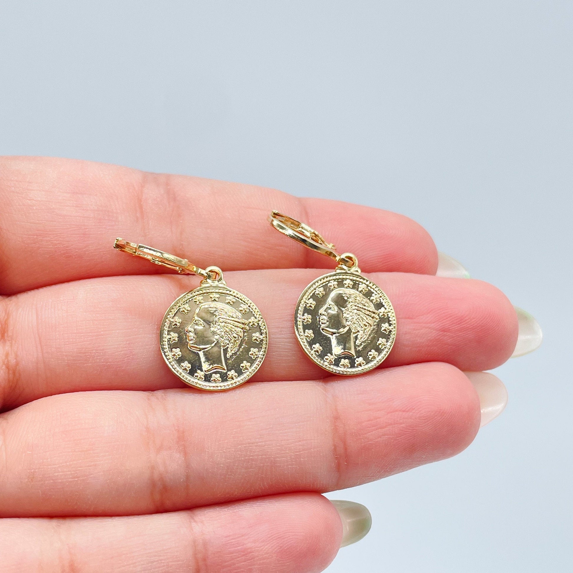 18k Gold Filled Coin Drop Earrings, Vintage Coin Medal