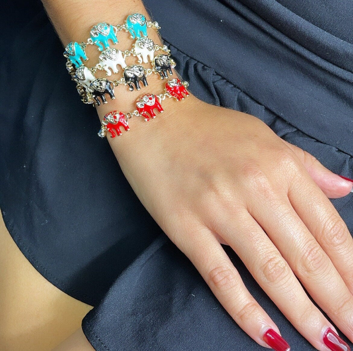 18k Gold Filled Multi Color Enamel Puffy Elephant Bracelets, Blue, Red, White and Black, Good tune Lucky Bracelet, Jewelry