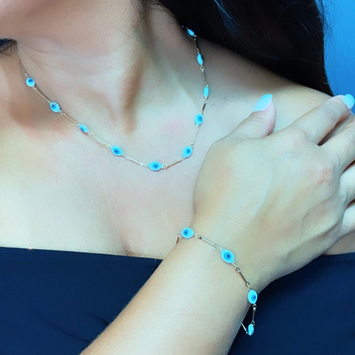 18k Gold Filled Baby Blue Evil Eye Bracelet Necklace Set