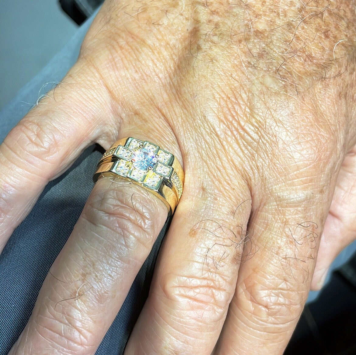 18k Gold Filled Cubic Patterned Mens Ring Featuring Diamond Cut Zircon Stone