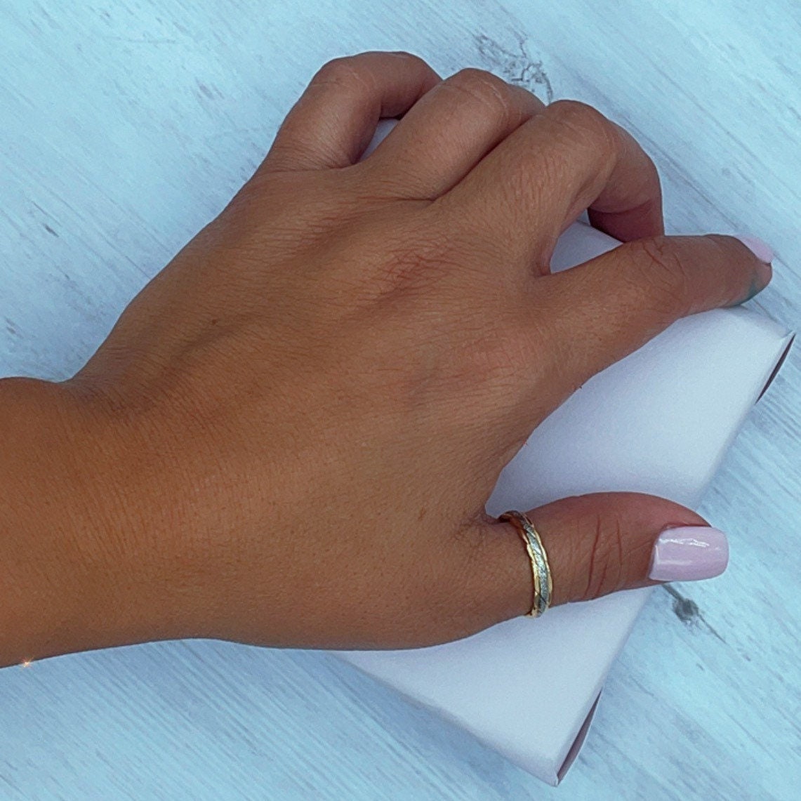 18k Gold Filled Twisted Details Ring Featuring A Line of Silver On Top Of The Ring Dainty Ring