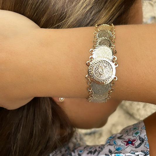 18k Gold Layered Engraved Coin Overlapping Bracelet