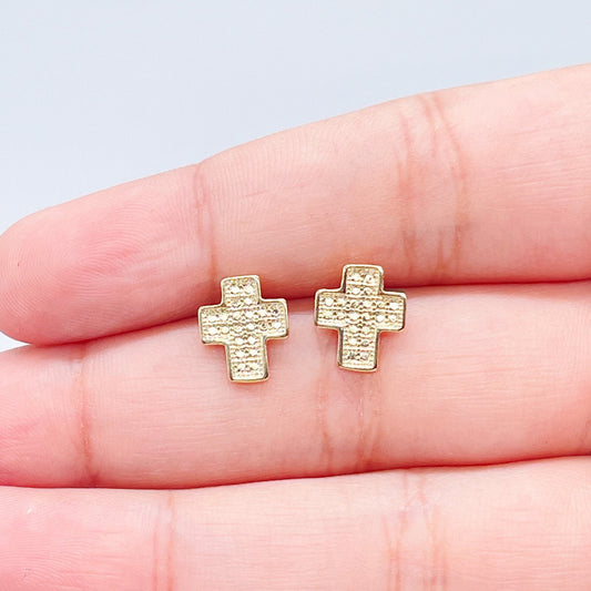 18k Gold Filled Design Pattern Casted Cross Stud Earrings