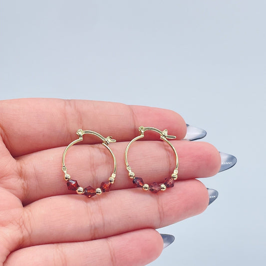 18k Gold Filled Thin Hoop Earrings With Diamond Shape Maroon Acrylic And Mini Gold Beads