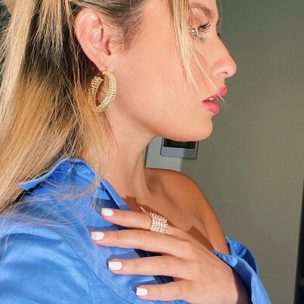 18K GoldFilled Three Row Cuban Link 1.5” Diameter Hoop Earrings Size 40mm