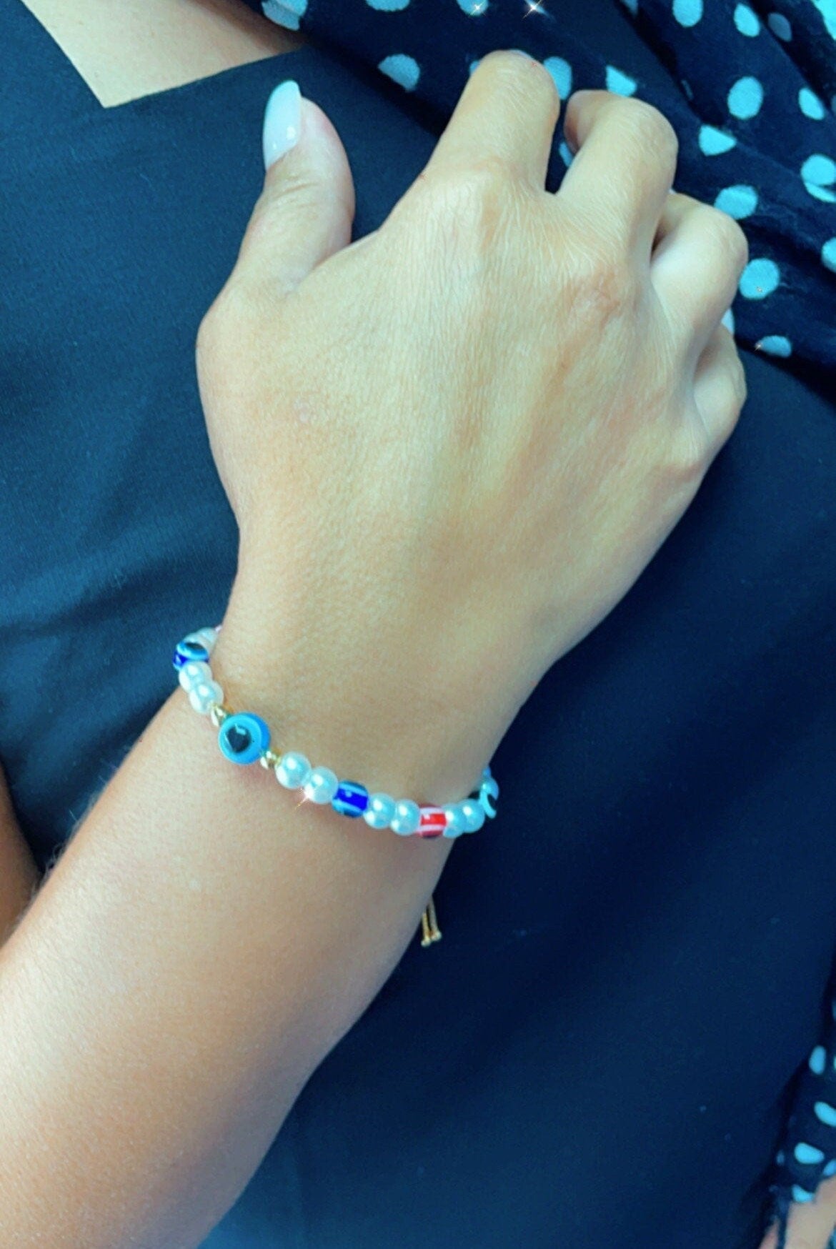 18k Gold Filled Evil Eye & Pearl Adjustable Bracelet Featuring Slide Clasp