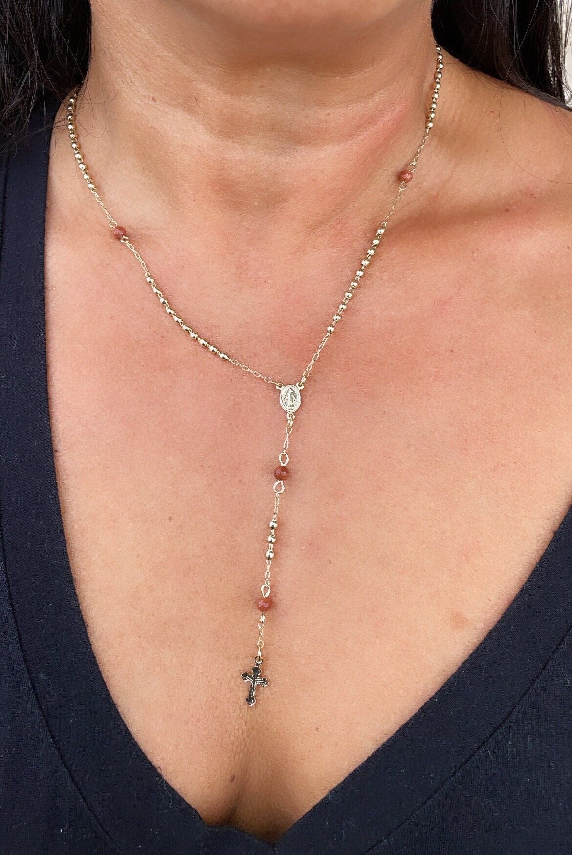 18k Gold Filled Beaded Rosary With Brown Aventurine Beads With Guadalupe And