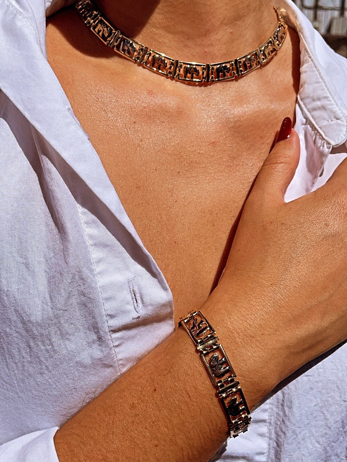 18k Gold Filled Tri-Color Flat Elephant Set, Tricolor Hallowed Necklace