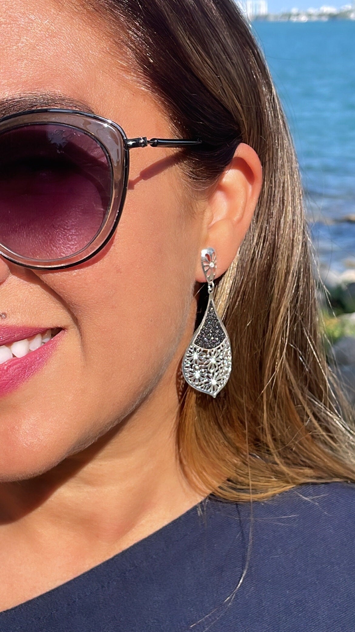 Silver Filled Tear Drop Dangling Earrings with Sparkling Black Detail