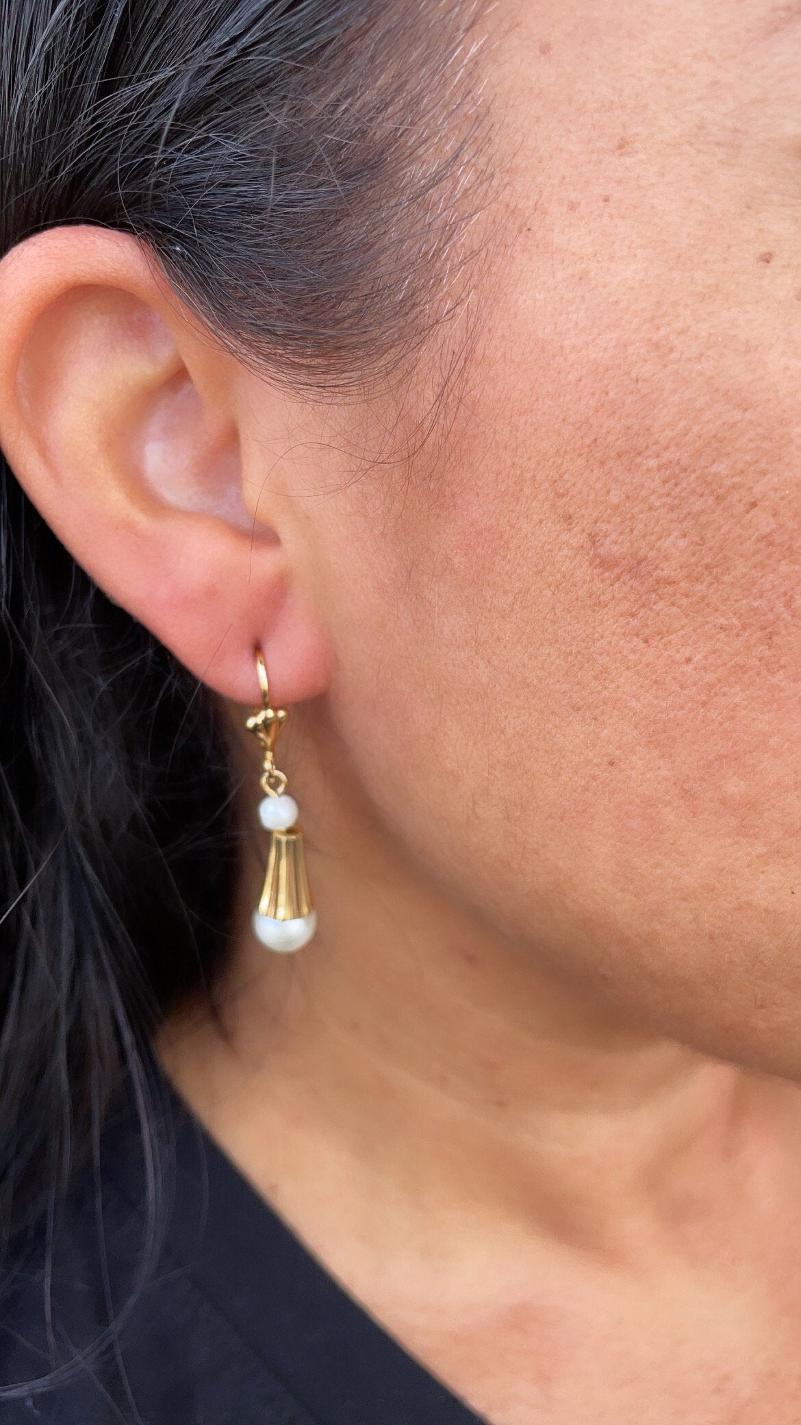 18k Gold Filled Dangling Earring With Simulated Pearl Ball Attached To The