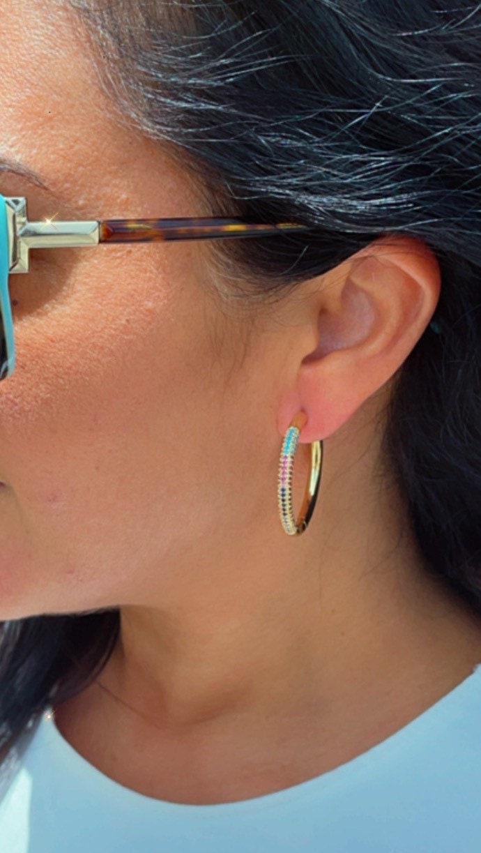18k Gold Filled Hoop Earrings: Colorful Pave Cubic Zirconia, 1" Diameter