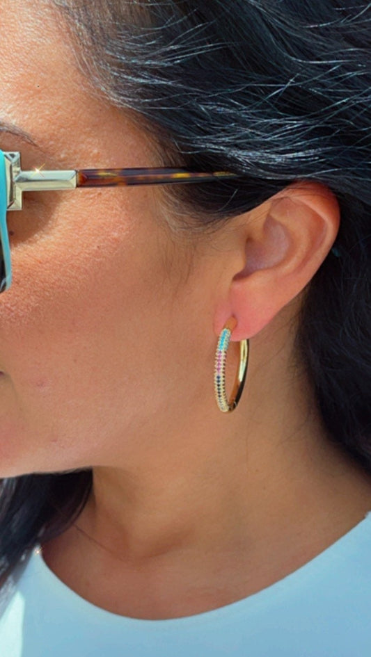 18k Gold Filled Hoop Earrings: Colorful Pave Cubic Zirconia, 1" Diameter