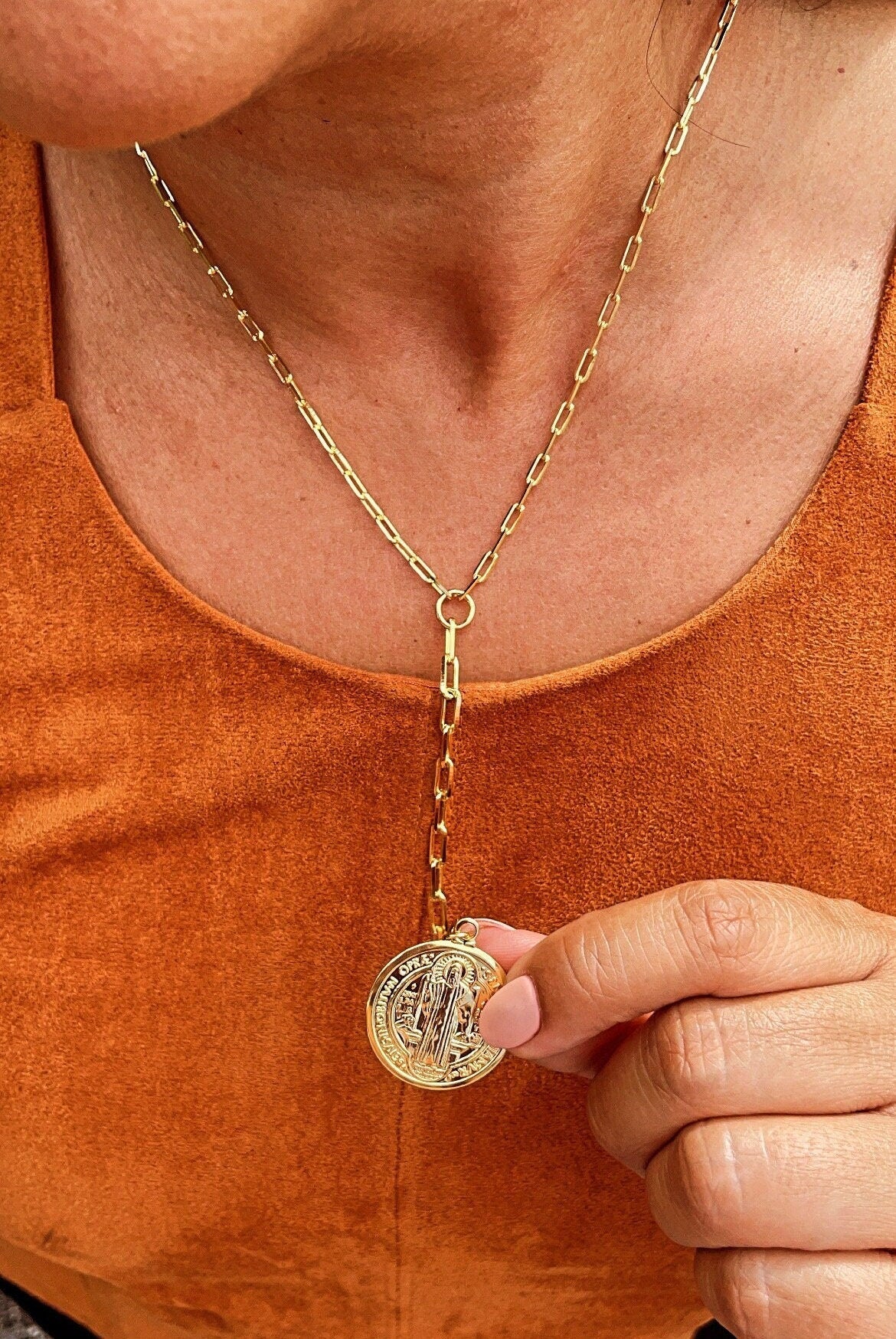 18k Gold Filled Paper Clip Chain Necklace Featuring Large Saint Benedict Pendant, San Benito Medalla Charm In Lariat Necklace