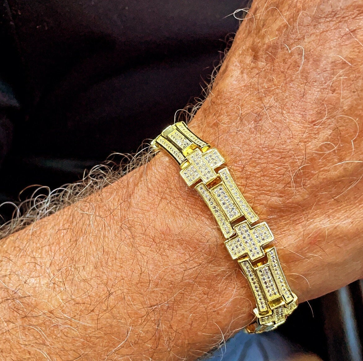 9mm Iced 18k Gold Filled Men's Cross Link Bracelet With Micro Pave Clear Cubic Zirconia Stones Jewelry