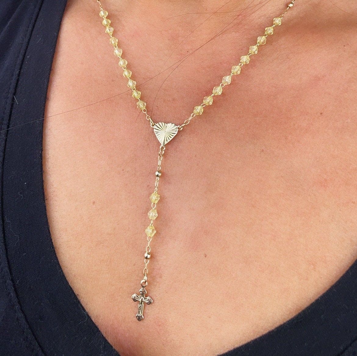 18k Gold Filled Beaded Necklace Featuring Center Sun Rays Textured Heart And