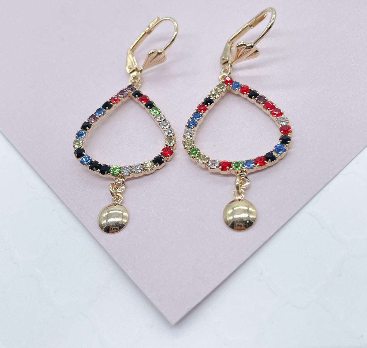 18k Gold Filled Drop Earrings: Multicolor Cubic Zirconia Leverback