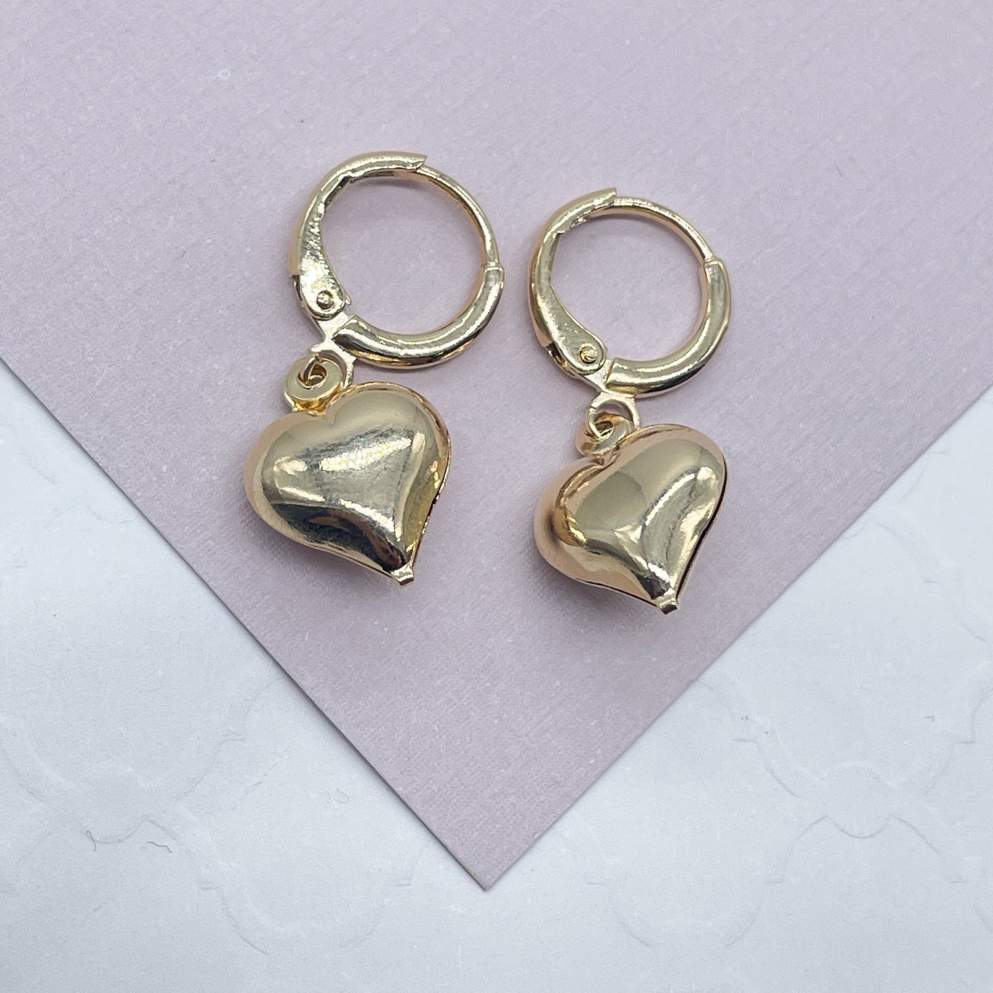 18k Gold Filled Puffy Chubby Heart Dangling Earrings