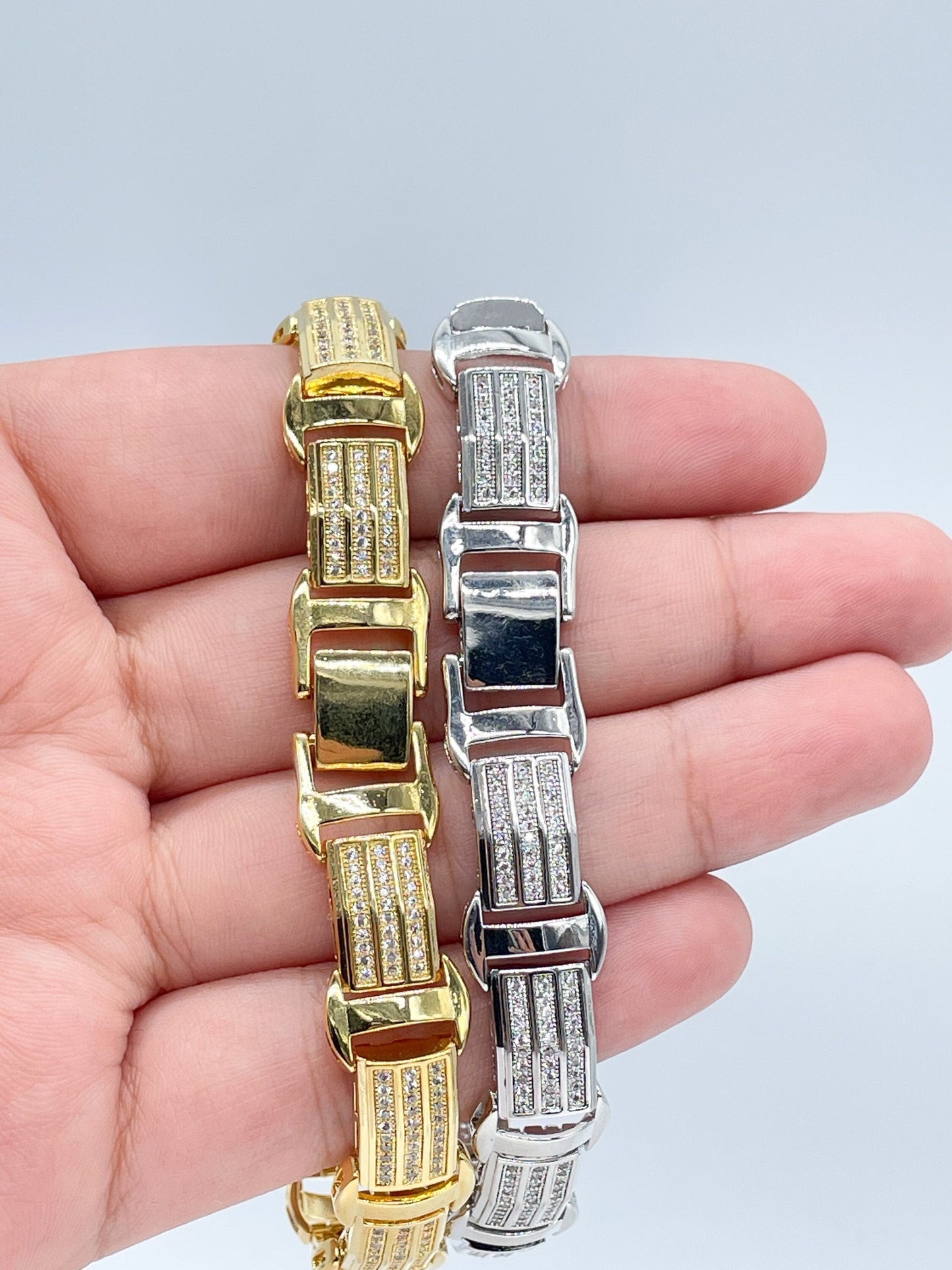 9mm Iced 18k Gold Filled Link Men's Bracelet Featuring Micro Pave Cubic Zirconia Stones Jewelry