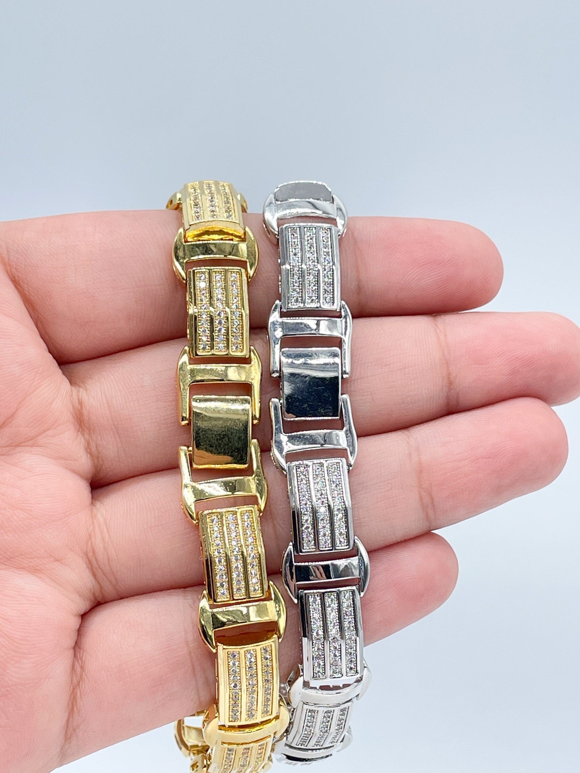 9mm Iced 18k Gold Filled Link Men's Bracelet Featuring Micro Pave Cubic Zirconia Stones Jewelry