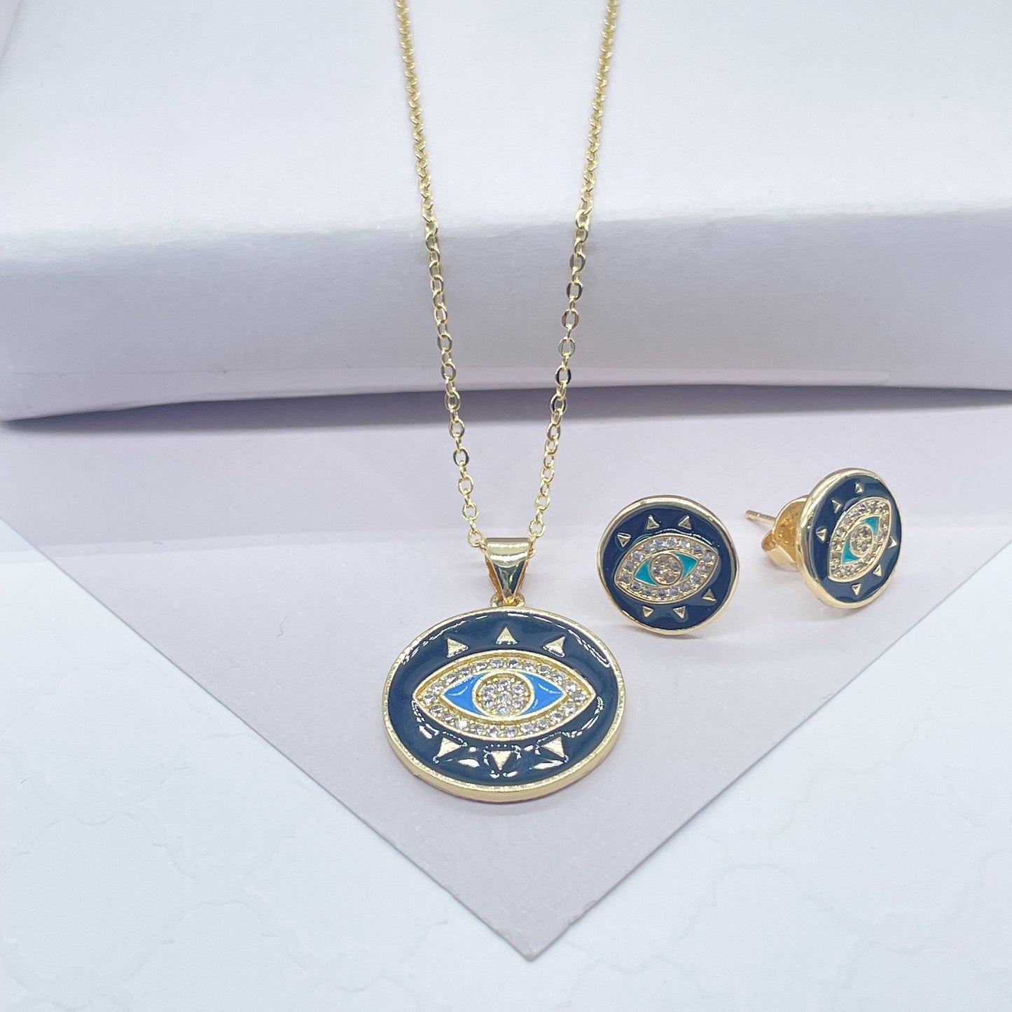 18k Gold Filled Protection Evil Eye Set, Includes Earrings & Necklace