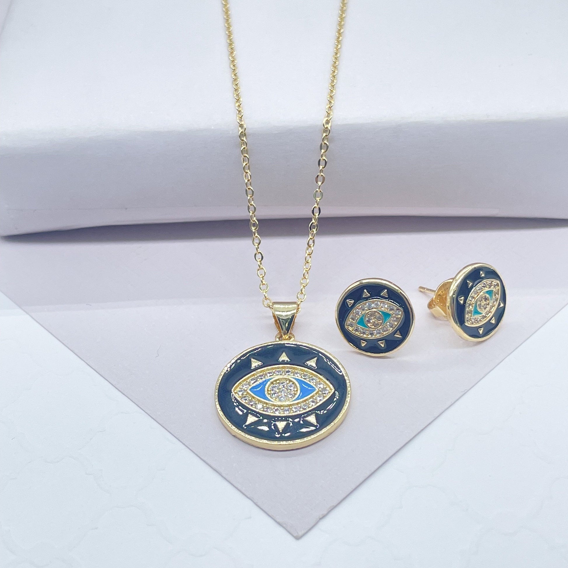 18k Gold Filled Protection Evil Eye Set, Includes Earrings & Necklace