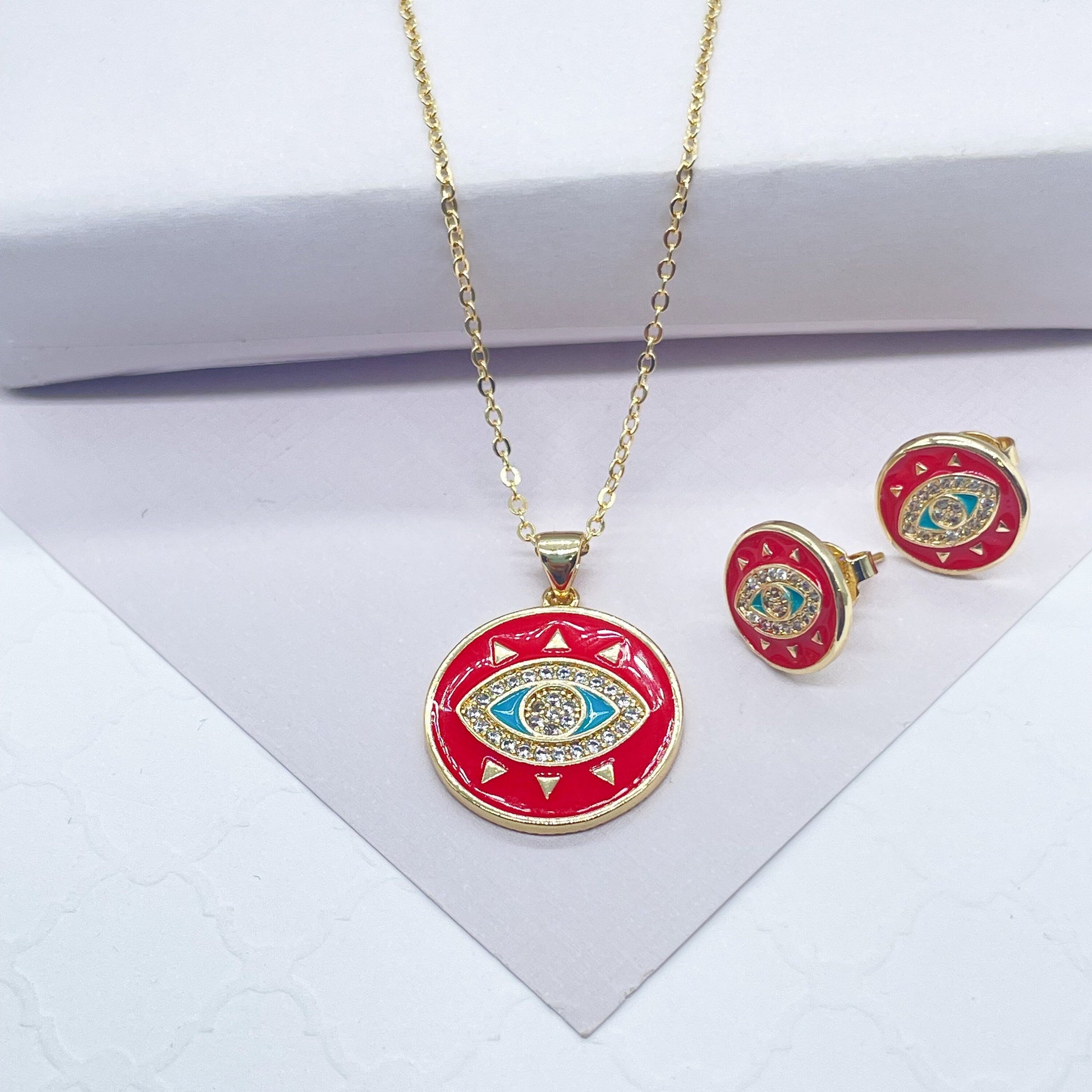 18k Gold Filled Protection Evil Eye Set, Includes Earrings & Necklace