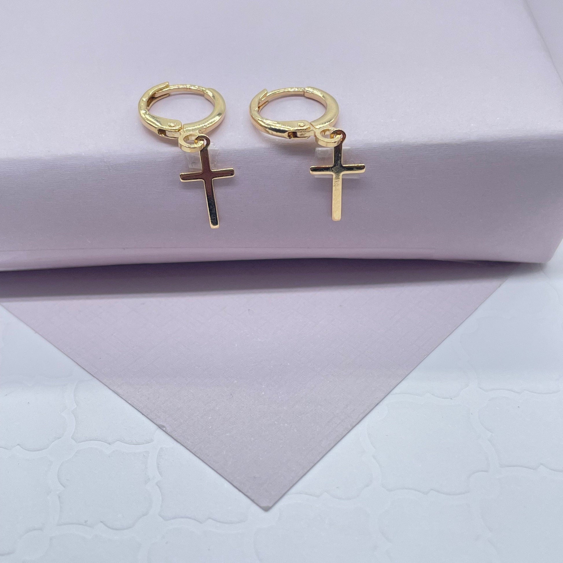 18k Gold Filled Tiny Plain Hanging Cross Hoop Earrings Jewelry