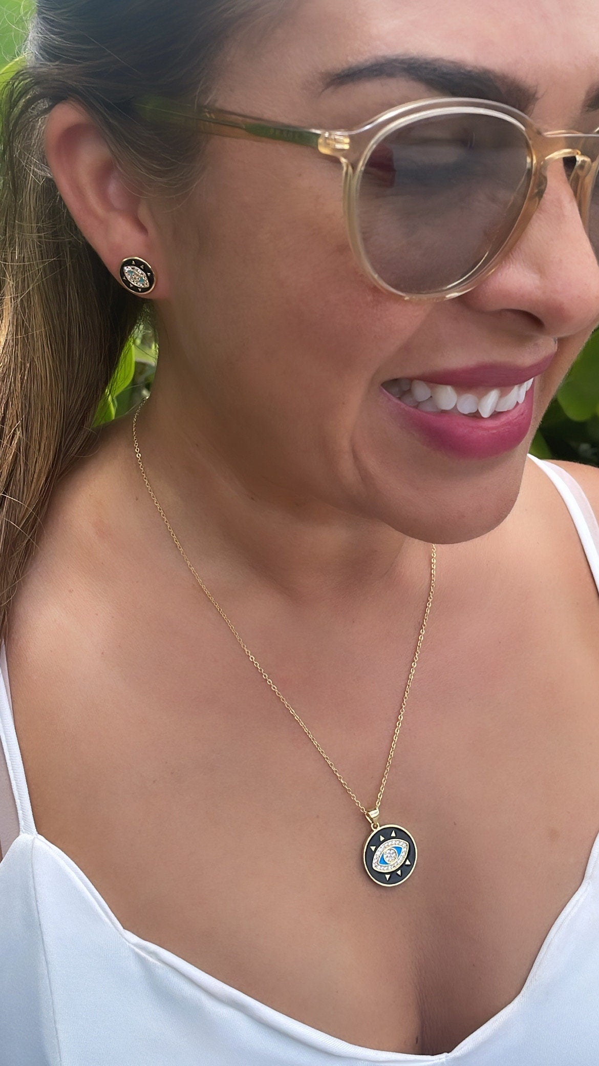 18k Gold Filled Protection Evil Eye Set, Includes Earrings & Necklace