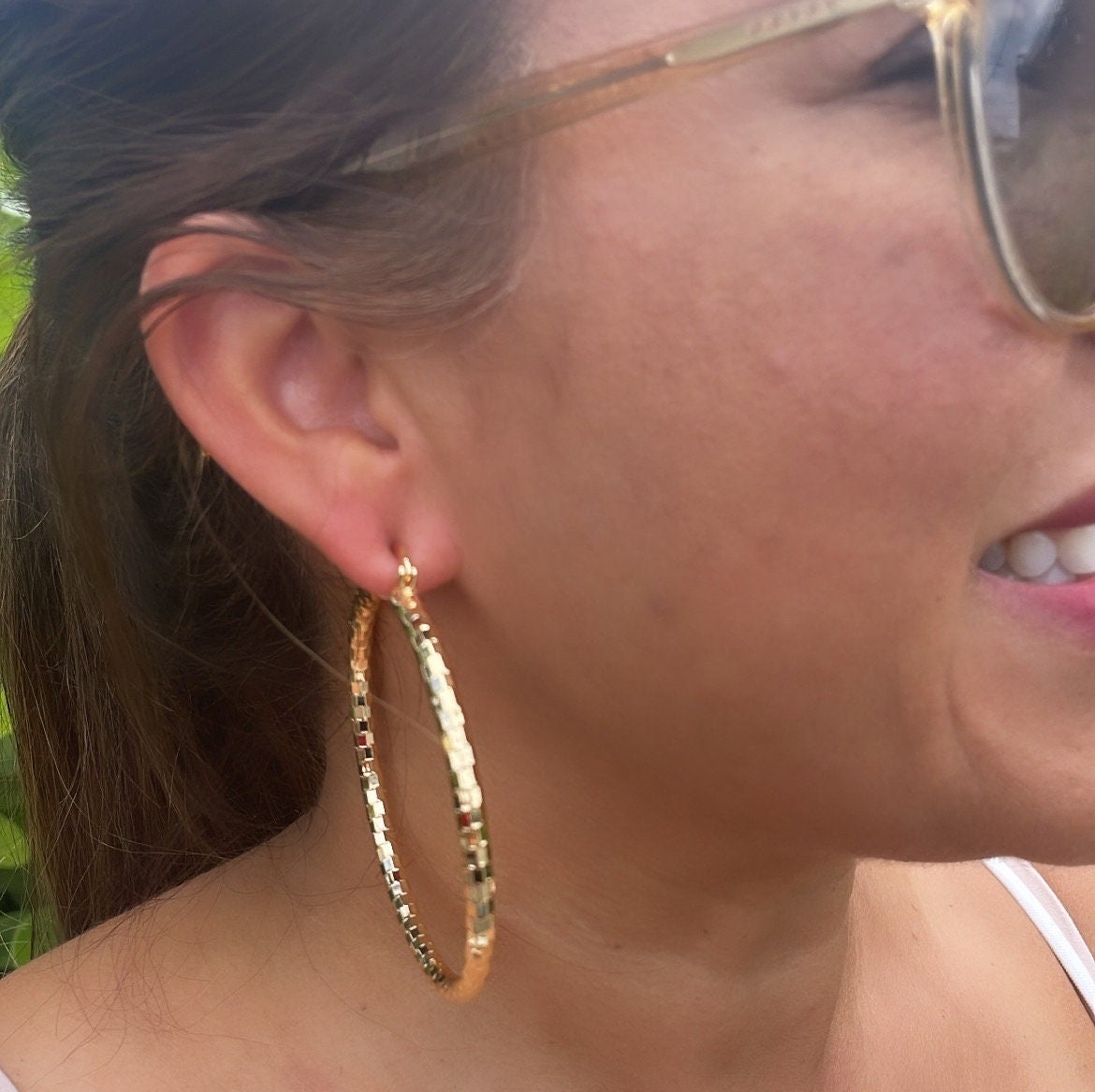 18k Gold Filled Squared Textured Round Hoops