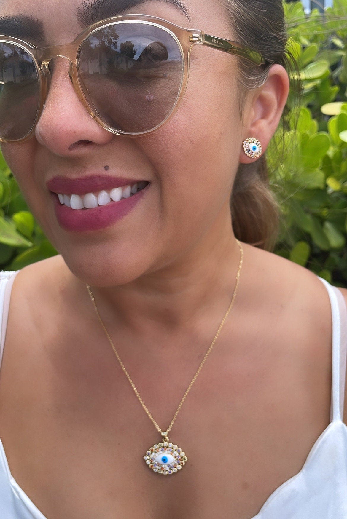 18k Gold Filled Protection Evil Eye Set, Includes Earrings & Necklace