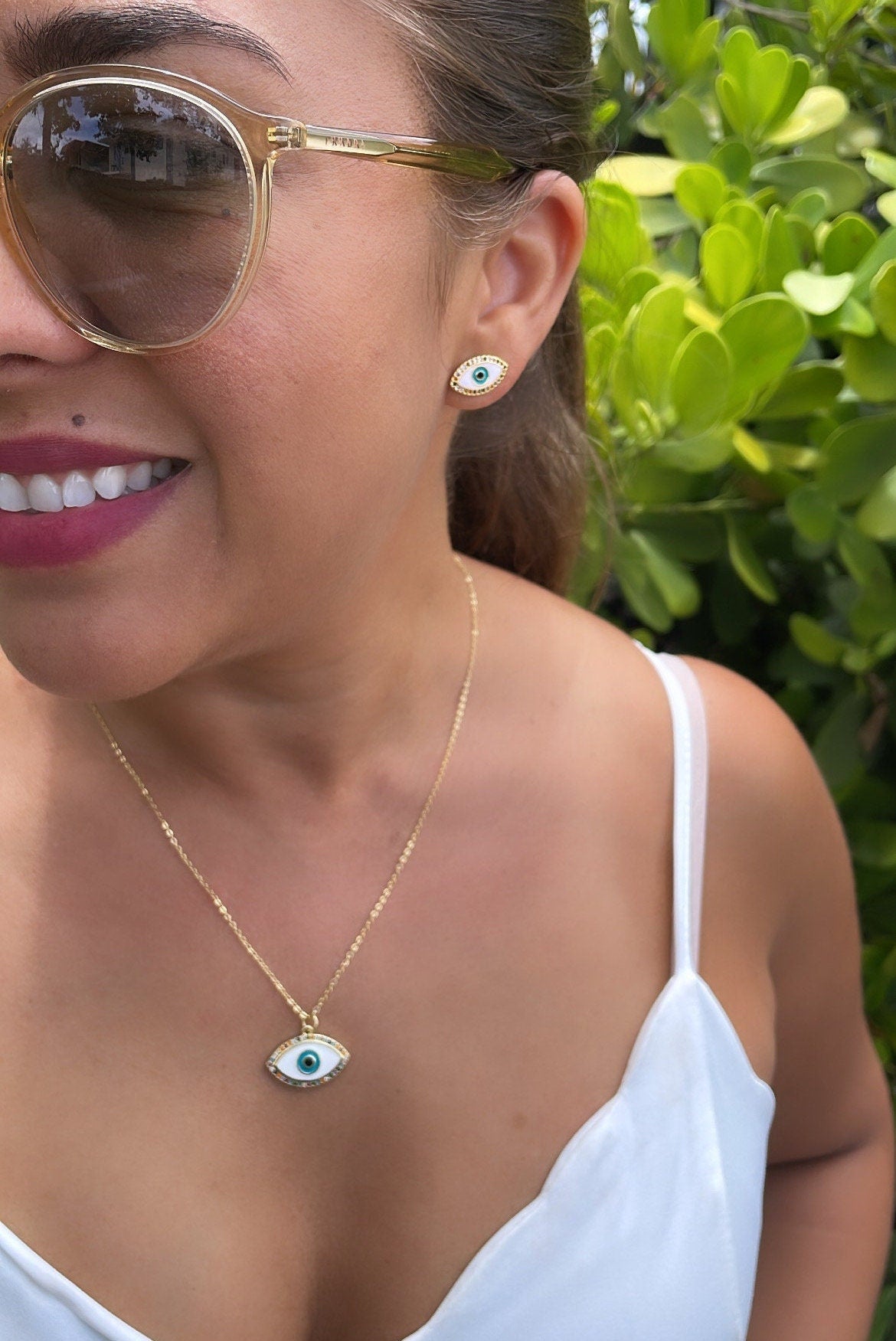 18k Gold Filled Protection Evil Eye Set, Includes Earrings & Necklace