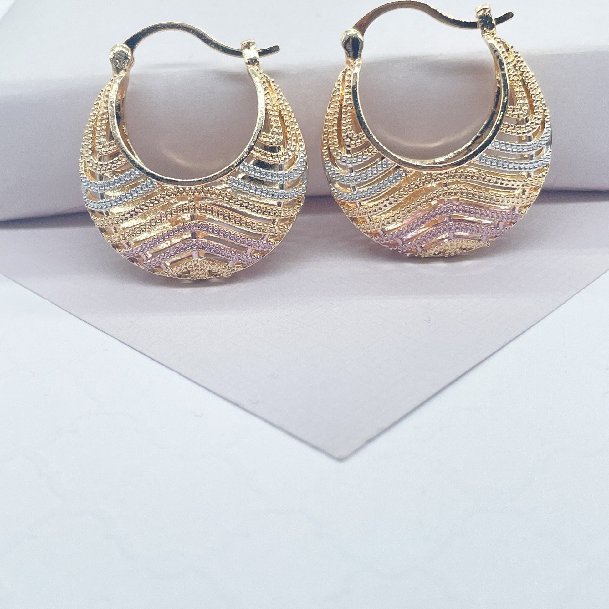 18k Gold Filled Tri-Color Wavy Patterned Basket Shape Hoop Earrings
