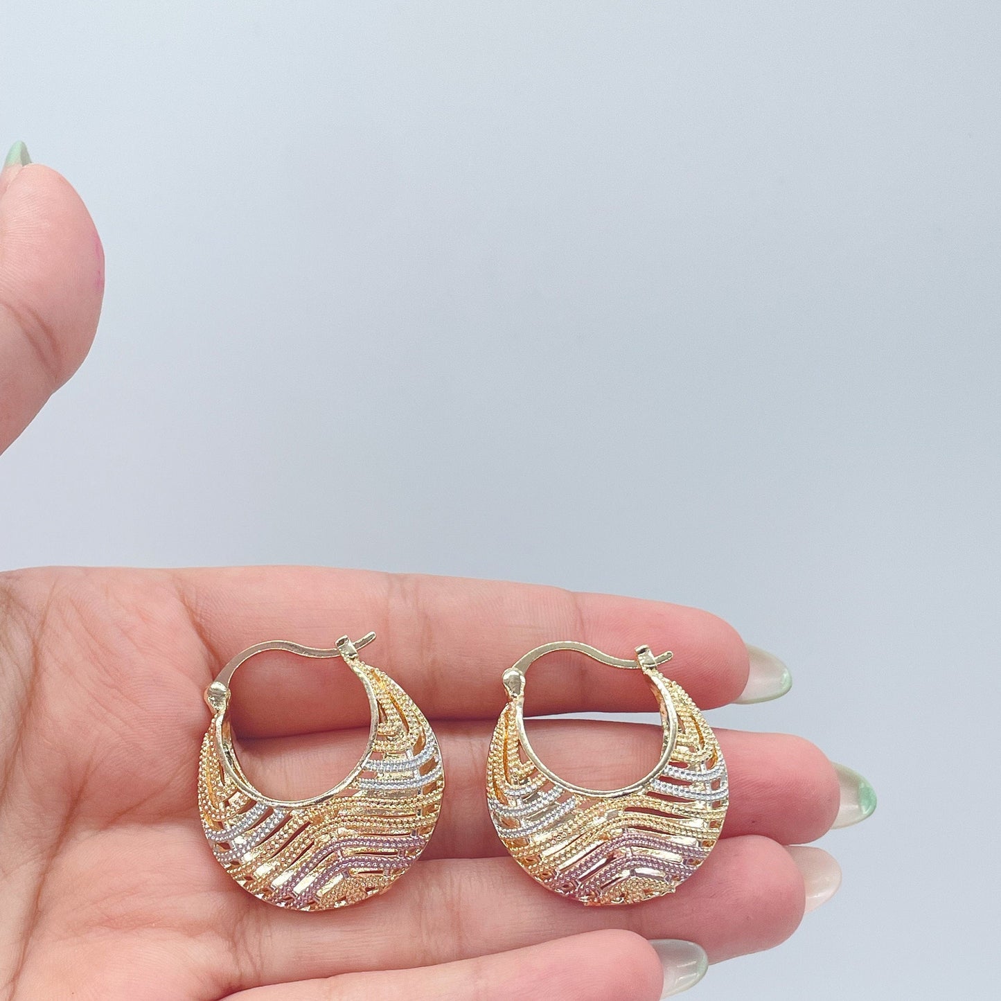 18k Gold Filled Hoop Earrings: Tri-Color Wavy Bohemian Hoops