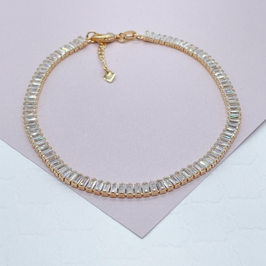 18k Gold Filled Baguette Strand Anklet Featuring Clear Cubic Zirconia