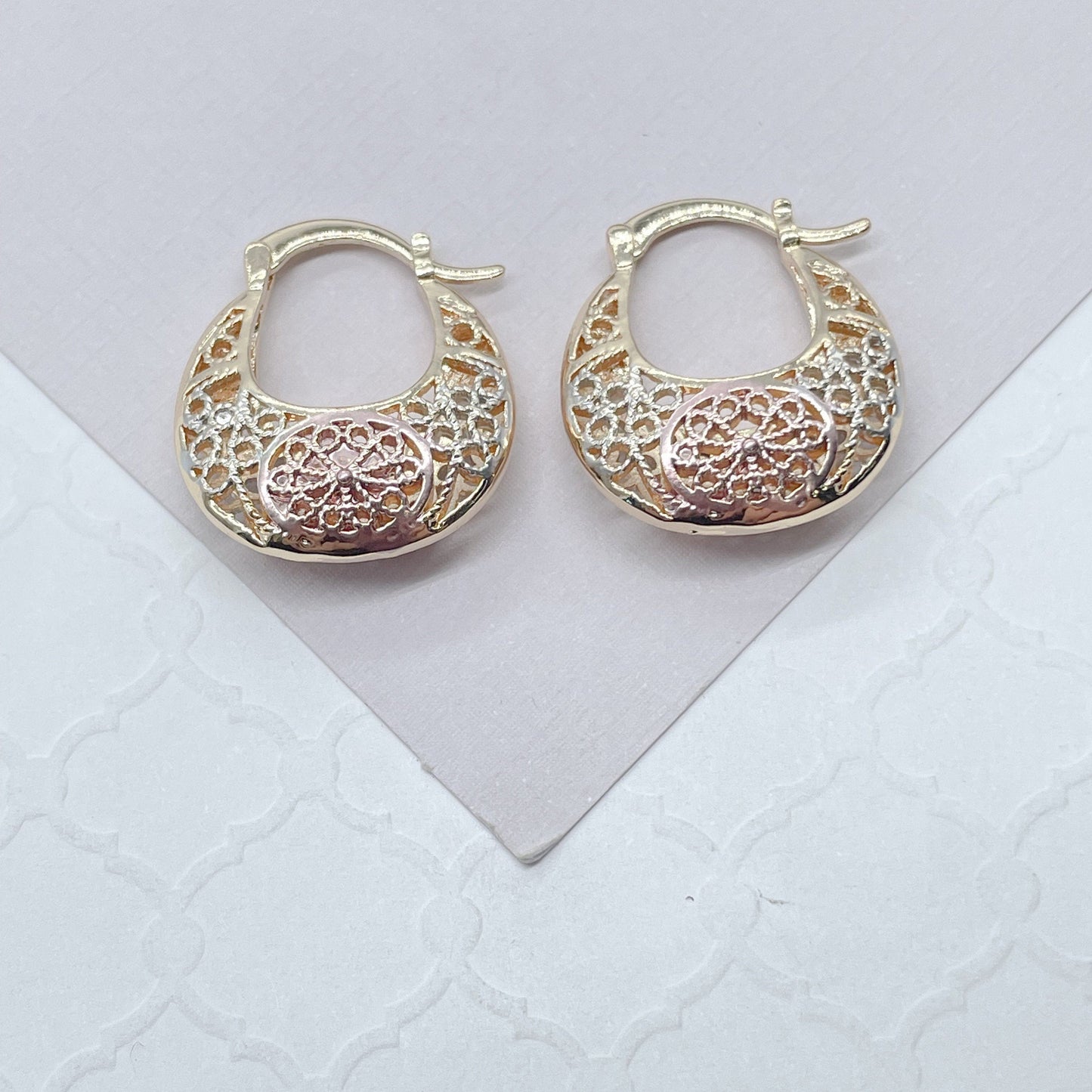 18k Gold Filled Tri-Colored Hollow Big Sized Hoops With See-Through Designs