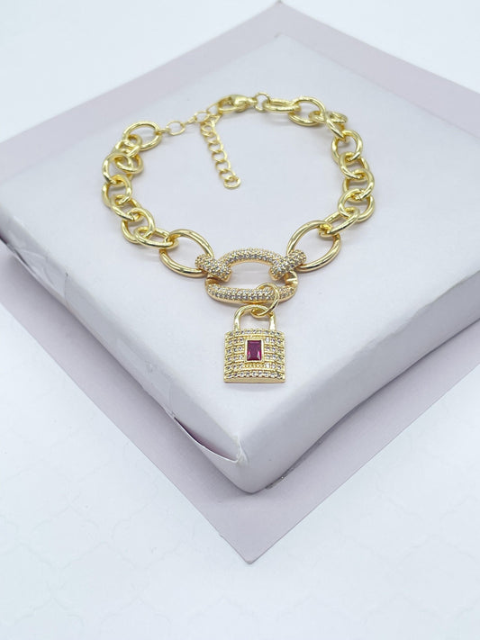 18k Gold Filled Lock Charm Bracelet: Chunky Cubic Zirconia Chain